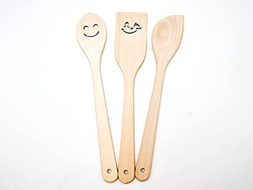 JOWE Hochwertige Küchenhelfer aus Holz, 3 STK - Kochlöffel und Küchenutensilien Set klein mit Motiv Gute Laune