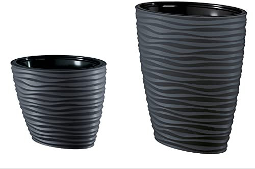 MELTOM Pflanzkübel Slim Oval 3DEffekt Wellen Farbe: Anthrazit Blumekübel mit Herausnehmbaren Einsatz Hoch Set 2: XL+XXL