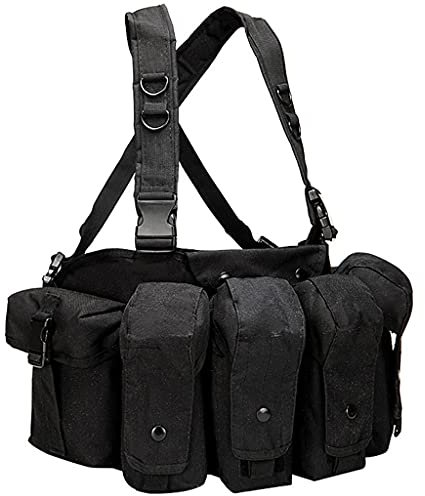 AQzxdc Army Military Airsoft Combat Assault Vest, Paintball Ausrüstung Outdoor Wargame Jagdausrüstung, Tactical Chest Rig Molle Magazintasche,Schwarz