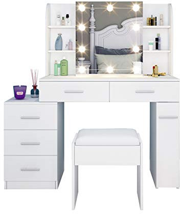 BESTWANTED Schminktisch mit LED-Beleuchtung, Spiegel und Hocker, Makeup Table Tisch mit 5 Schubladen 6 Regalen Weißer Schiebespiegel Moderner Mädchen Frauen schminken Tisch für das Schlafzimmer