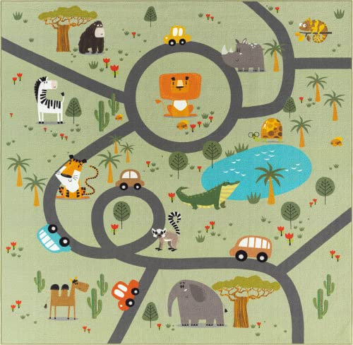 the carpet Happy Life Kinderzimmer, Kinderteppich, Spielteppich, Waschbar, Straßenteppich, Straße, Dschungel, Tiere, Auto, Grün, 200 x 200 cm Quadrat