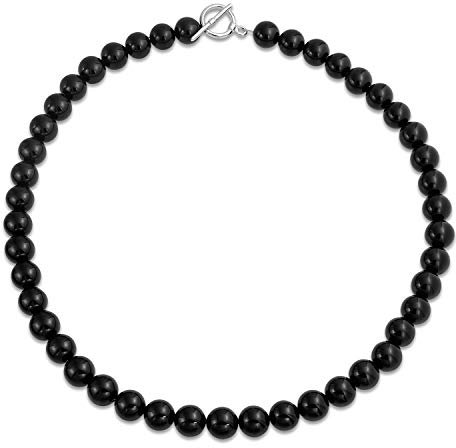 Plain Simple Basic Western Jewelry Classic Black Onyx Round 10MM Bead Strand Choker Necklace For Women Teen Silver Plated Clasp 15 Inch