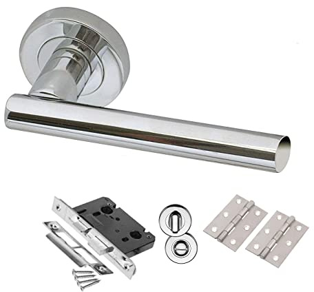 Golden Grace Polished Chrome T-Bar Door Handle Bathroom Toilet Lock Set | Includes 63mm latch, 75mm hinges, spindle and fixing screws to secure a complete, hassle-free bathroom door installation.