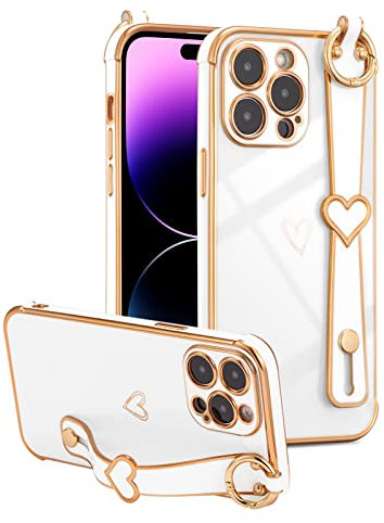 ZTOFERA Compatible with iPhone 13 Pro Case with Wrist Strap, Flexible Silicone Protective Phone Case with Cute Heart Pattern Stand Handle Finger Holder Gold Trim Shockproof Bumper Cover, White