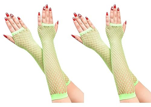 COSFAN 2 Paar Damen Netzhandschuhe,Lange Fingerlose Mesh Handschuhe,Elastische Hohle Handschuhe für Kleid Tanz Party Kostüm Zubehör (Grün)