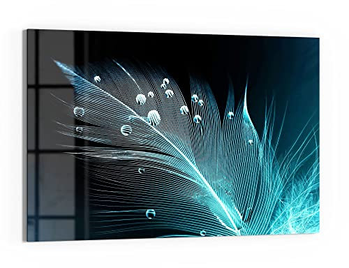 DEQORI Glas-Magnettafel | 90x60 cm groß | Motiv Feder mit Wasserperlen | Memo-Board aus Glas | Magnetboard inkl. Magnete, Stift & Tuch für Küche & Büro | Tafel magnetisch & beschreibbar