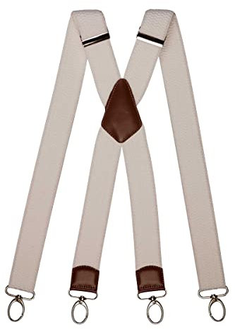 Olata Extra Breite Herren Hosenträger X-Form mit Braun Leder und Karabinerhaken – 4 cm. Weiß