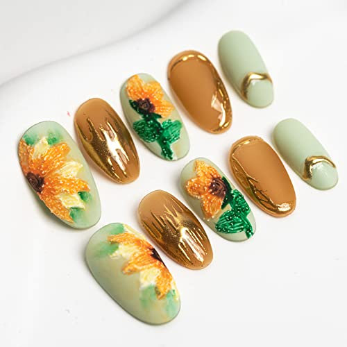 Sun&Beam Nails Handmade Medium Long Oval Flower False Nail Tips with Cute 3D Sunflower Popular Charm Design Press On Nails 10 Pcs (#022 S)