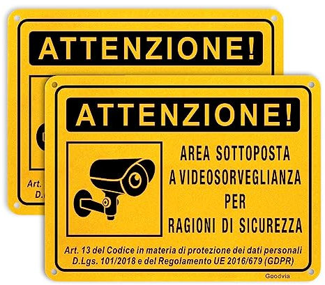 Cartello Videosorveglianza Esterno Alluminio Metallo 2pz 15 * 20cm per Casa Privata Uffici e Aree di Sorveglianza Interne ed Esterne