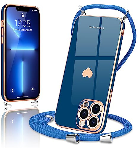 Wirvyuer Handyband Kompatibel mit iPhone 13 Pro Max Handyhülle Necklace Hülle mit Band zum Umhängen Kameraschutz Liebesherz Schutzhülle mit Kordel Silikon Umhängetasche für iPhone 13 Pro Max Blau