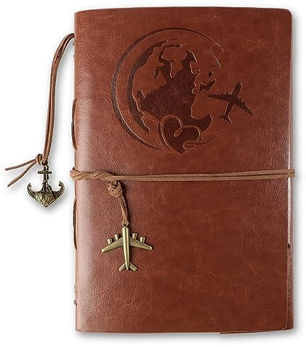 A5 Kunstleder Notizbuch 160 Seiten Blanko mit Retro Anhängern nachfüllbar geprägt Reise Tagebuch Vintage Journal Reisenotizbuch Geschenke Ringbuch Skizzenbuch zum Selberschreiben Reisetagebuch
