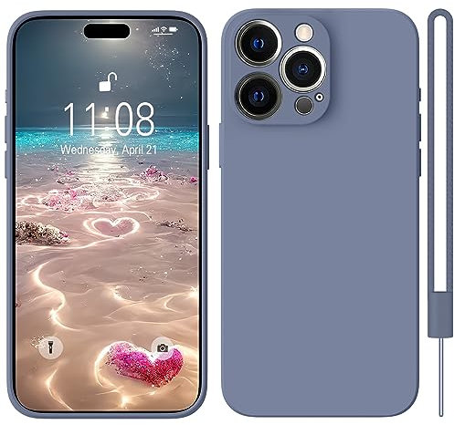 HGH iPhone 15 Pro Hülle Silikon mit 1 Lanyard, Handyhülle iPhone 15 Pro Case Dünn Rundumschutz mit Microfiber-Innenfutter Kratzfest Schutzhülle Case Hülle für iPhone 15 Pro 6.1 Blau Grau