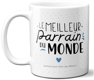 DECOHO - Mug Meilleur Parrain du Monde - Mug céramique blanc et bleu - 33 cl, anse ergonomique, imprimé en France, cadeau anniversaire ou - Blanc
