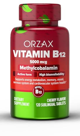 Orzax Vitamin B12 Tablets - 5000 mcg Methylcobalamin Energy Supplement for Women and Men - Cherry Flavored - (120 Sublingual Tablets)