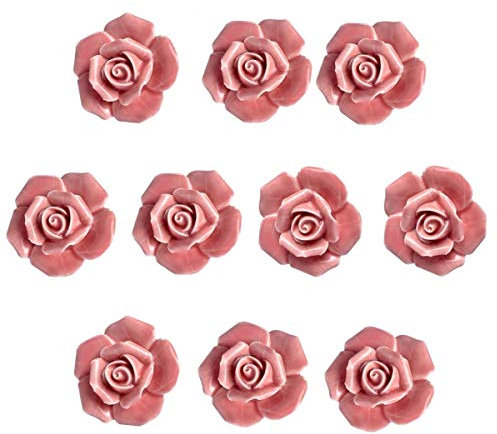 MARKELL 10 Pcs Ceramic Vintage Floral Rose Flower Door Knobs Handle Drawer Kitchen + Screws (Pink)
