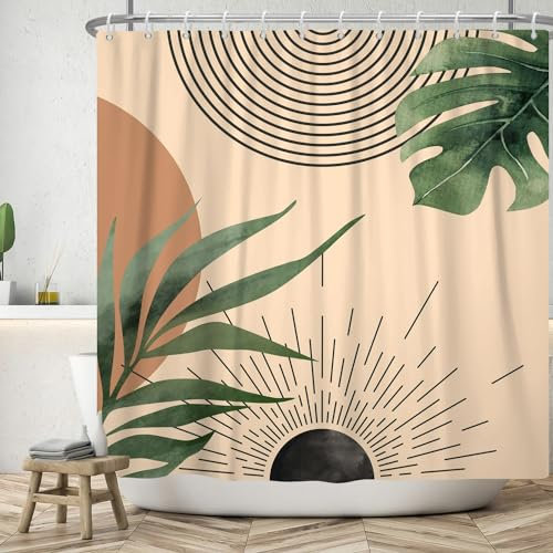 ASDCXZ Boho Duschvorhang 180x180 cm, Modern Abstrakt Boho Style Grün Blätter Schwarz Sonne Khaki Bad Waschbar Duschvorhänge Polyester Textil Wasserdicht Badevorhang für Badewanne mit 12 Haken