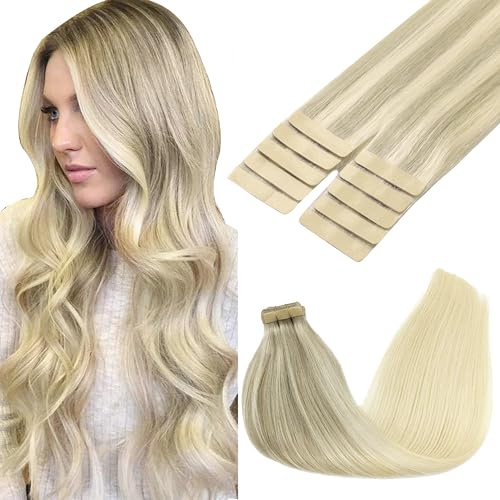 GOO GOO Tape Extensions Echthaar, 50cm 30g 10Stk., #17/22/60 Balayage Blond | Aschblond bis Goldblond und Platinblond, Remy Echthaar, Seidig Weich, Verfilzungsfrei, Unsichtbare, Starker Halt, Langlebig