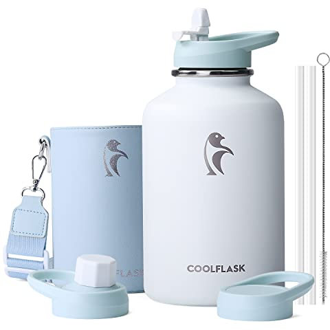 Coolflask Botella de agua de 2L con aislamiento y funda de piel de PU, Botella de agua de acero inoxidable con tapa de pajita y contraste de colores, Mantiene el frío 48h, Caliente 24h, Blanco glaciar