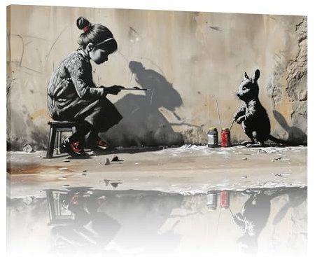 Kleines Mädchen Street Art Banksy Leinwand, großes Gemälde, Graffiti-Kunst, Vintage, abstrakte Drucke, Wandkunst, Bild für Heimdekoration, 95 x 195 cm/37 x 77 Zoll, mit Rahmen