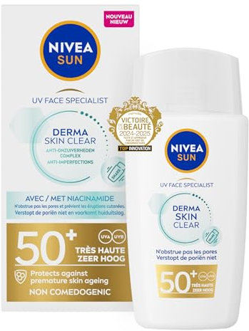 NIVEA SUN - Fluide UV Visage Derma Skin Clear FPS 50+ - Protection Solaire UVA/UVB - Prévient L'Acné - Non Comédogène - Niacinamide - Formule Légère & Non Grasse - Peaux Normales - 40 ml
