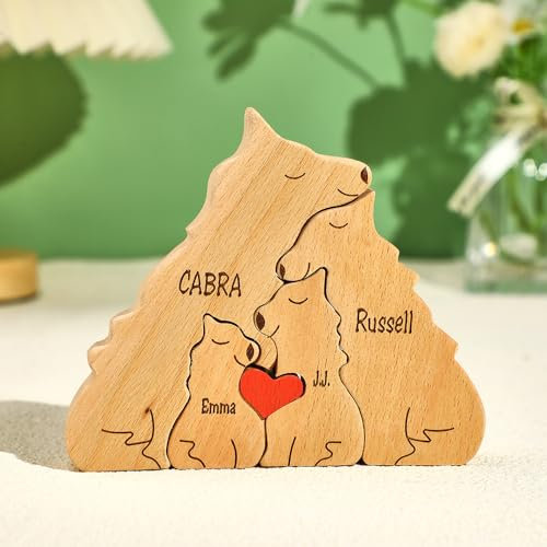VEELU Personalisiertes Holzpuzzle Wolfsfamilie mit 2–10 Namen, dekoratives Stück für Heimdekoration und Geburtstagsgeschenke für Mutter, Vater,Geschenk zum Muttertag, Weihnachten, Geburtstag, Jubiläum