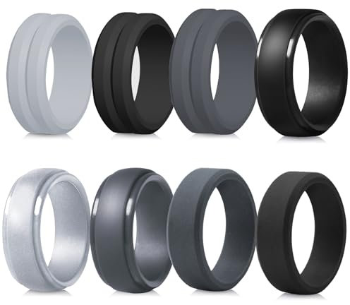 LOCCY 8 Stück Herren Silikon Ehering Silikon Ehering für Männe Silikone Hochzeit Bands Schmuck Fingerringe für Sport und Outdoor Geschenk Für Männer mit Einem Fitness Accessories (Mehrfarbig B, 54)