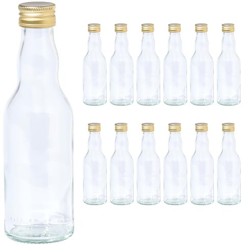 Vitrea 12 leere Glasflaschen 200ml Schraubverschluss Gold - kleine Flaschen zum Befüllen mit Deckel - für Saft, Getränke, Likör, Öl, Saucen, Sirup - 12 Stück, PP28, Kropfhals