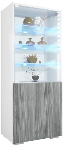 Vladon Vitrine Granada, Made in Germany, Vitrinenschrank mit Glastür und Glaseinsatz inkl. LED, Weiß matt/Avola-Anthrazit (50 x 122,5 x 34,5 cm)