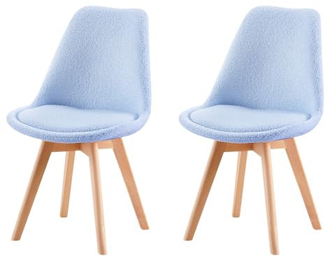 H.J WeDoo 2er Set Nordic Lamm Plüsch Esszimmerstuhl,Küchenstuhl mit Massiven Buchenstuhl Beinen und Lammwolle Kissen,Geeignet für Casual Stühle in Büros,Küchen und Räumen,Blau