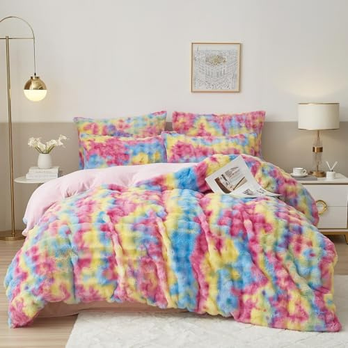 Luofanfei Winter Plüsch Bettwäsche 135x200 4teilig Regenbogen Warm Kuschelig Flauschig Flanell Bunte Bettwäsche Winterbettwäsche Microfaser Fleece Bettbezüge und Kissenbezüge 80x80 mit Reißverschluss