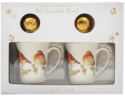 Lesser & Pavey Juego de 2 tazas con diseño de petirrojos de invierno con bombas de chocolate caliente, idea de regalo para Navidad, taza temática de petirrojos, diseño del Reino Unido, bebidas