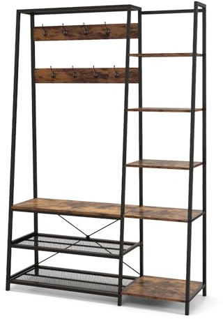 HOMASIS 5 in 1 Garderobenständer mit Sitzbank, Garderobe mit 9 Haken & 6 Ablagen & 2 Schuhregal, Kleiderständer Flurgarderobe Kleiderschrank für Flur & Schlafzimmer, Vintage-Braun (Keine Schubladen)