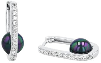 Amor Creolen 925 Sterling Silber Damen Ohrschmuck, mit Zirkonia synth., mit Muschelkernperle, 1,7 cm, Schwarz, Kommt in Schmuck Geschenk Box, 2039089