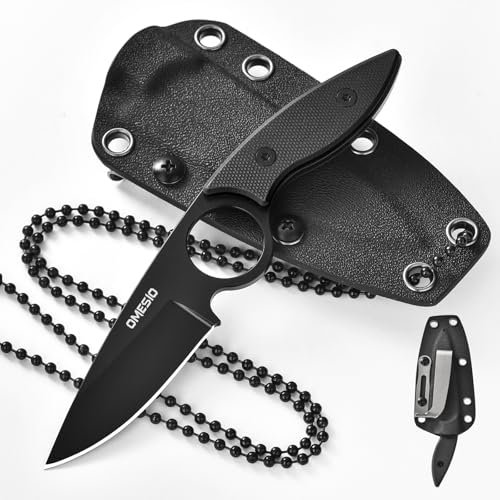 Omesio S-SY Coltello Da Collo, Acciaio 5cr13mov, Lunghezza Lama 6 Cm, Codolo Pieno, Manico in G10, Coltello Piccolo Con Fodero in Kydex, Catena a Sfera E Clip Da Cintura, Nero Completo EDC