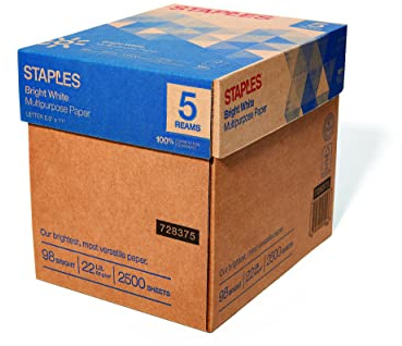 Staples 8.5 x 11-Inch Multipurpose Paper, 22 lbs., 98 Brightness, 2500/Carton, For Office, School & Home