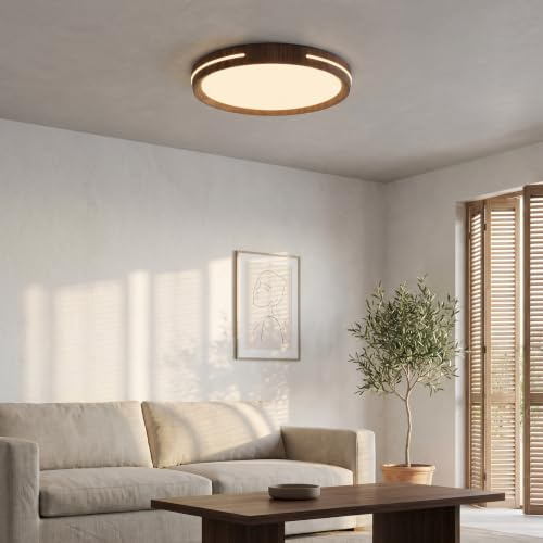 BARCELONA LED LED Deckenleuchte 24W Ø40cm CCT Einstellbar 3000K-6000K, Modernes Holzdesign mit seitlichem Lichteffekt, Runde Deckenlampe für Wohnzimmer Schlafzimmer Küche Büro 2500lm