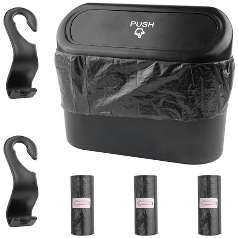 Rizthyn Auto Mülleimer mit Müllsäcke, Automülleimer mit Deckel, Kleiner Automülleinmer, Wasserdicht Mini Abfalleimer mit Haken, Hängende Aufbewahrungsbox, für Auto, Zuhause, Büro, Küche, Schwarz