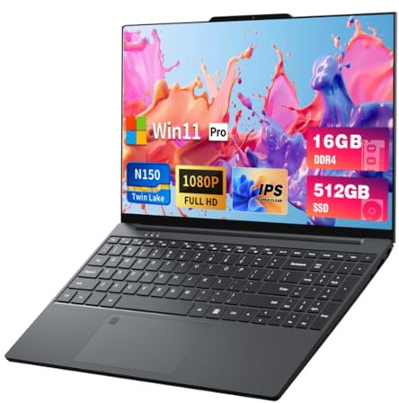 DUNHOO Computer portatile, laptop da 15,6 pollici con processore N150 (Beat to i3-1115G4, fino a 3,6 GHz), laptop da gioco 16 GB RAM 512 GB SSD, computer portatili Shell in metallo, sblocco impronte