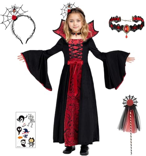 Vampir Kostüm Mädchen, Halloween Kostüm Mädchen Vampir Kleid,Gothic Vampirkostüm mit Rubin Halskette,Vampirzähne,Spinnennetz-Stirnband,Zauberstab,Temporäre Tattoos für Halloween Fasching Cosplay
