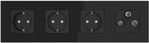 PULSAR TV SAT Radio Antennendose mit 3x Steckdose 4-Fach Schwarz Glas - 3-Loch Multimediadose Unterputz mit Glasrahmen - Anschlussdose für Fernsehen, Satellit, Radio