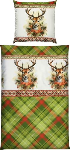 REDBEST Bettwäsche Flanell Hirsche grün Größe 80x80 cm / 135x200 cm - Wendekissenbezug, samtig weich, warmes Hautgefühl, temperaturausgleichend, pflegeleicht, mit Reißverschluss