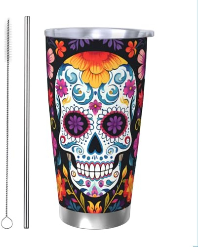 Floral Sugar Skull Tumbler mit Strohhalm und Deckel, Thermo-Auto-Becherhalter, Skelett, Mexiko, 590 ml, isolierter Becher, Edelstahl, Vakuum-Reise-Kaffeetasse für heiße und kalte Getränke