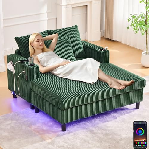 Zepneiy Sofa Chaiselongue mit Schlaffunktion, Polstermöbel Loungesessel mit USB und LED, Wohnzimmer Möbel mit seitlichen Getränkehaltern, Schlafsofa für Wohnzimmer Schlafzimmer Villa, Smaragd