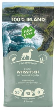 Irish Pure 12kg Trockenfutter Adult | Irischer Weißfisch mit Gemüse & Kelp-Alge | Hoher Fleischanteil | Getreidefrei | Hypoallergen | Single-Protein Hundefutter für ausgewachsene Hunde Aller Rassen