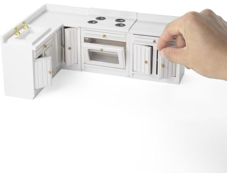 Odoria Mostrador de Cocina Casa de Muñecas: Escala 1/12 Encimera Cocina Aparador Blanco Vintage - Miniatura Estufa Horno Cocinar Modelo - Mini Fregadero Mueble Madera