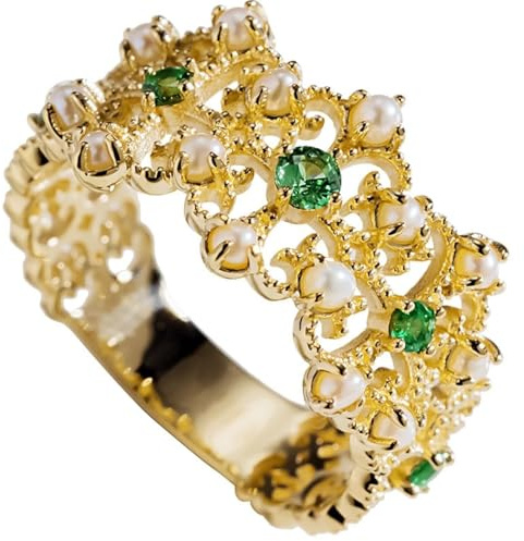 Homxi Damen Trauringe Gold Ring 9K, Hohl Blume mit Tsavorit und Perlen, Gold Grün Damen Ringe Eheringe Verlobungsringe Größe 54 (17.2)