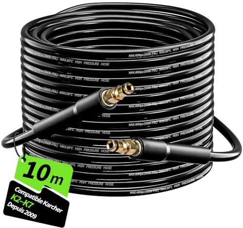 10M Flexible Haute Pression pour Kärcher K2–K7, Tuyau de Remplacement et Rallonge avec Connecteur Rapide Type Clic, Tuyau d'Extension avec Raccord Laiton