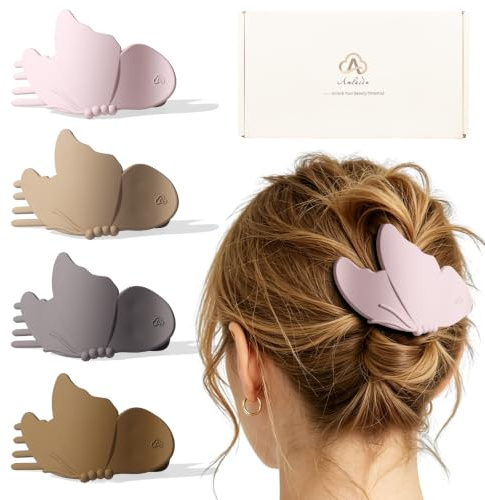 Amlaidu Grands Pinces à Cheveux Plates, Grosses Pinces Papillon Griffes pour Cheveux Épais & Fin, Pinces Bec de Canard Françaises Tenue Solide - 4 Pcs, Rose, Bleu, Marron, Kaki
