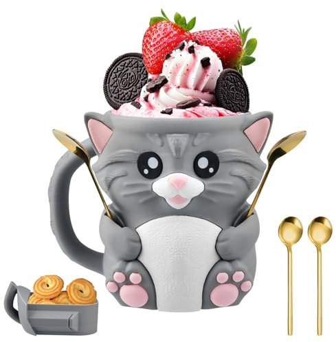 Pipihome Cat Ice Cream Pint Holder, 3D Ice Cream Tubs Easter Gifts for Kids, Cute Icecreams Cups Cooler Container with 2 Spoon & Secret Drawer, Easter Decorations for Home/Table