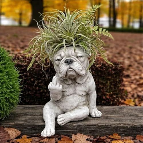 Rubu22a Lustiger Blumentopf mit Französischer Bulldogge, Kreativer Hunde-Pflanzbehälter, Witzige Gartenfigur, für Draußen (A)